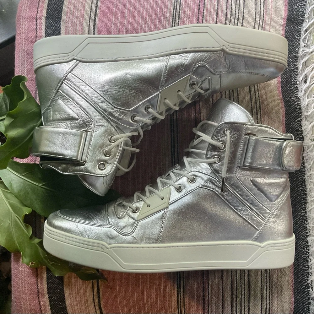 Gucci Argento Metallic Silver High Top Leather Trainers Size 14
